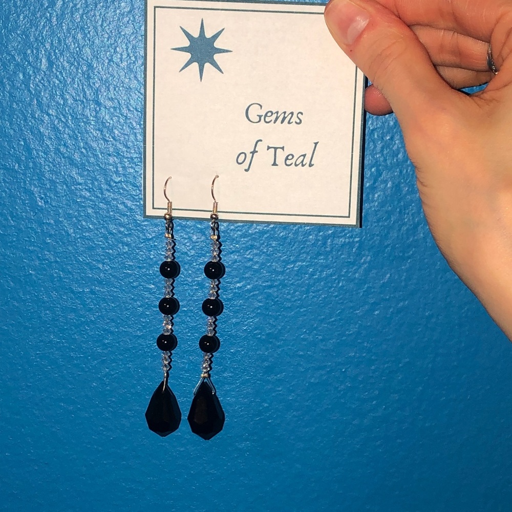 SOLD Jet and Swarovski Crystal Tux Drop Earrings - Picture 4 of 5